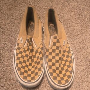 Vans Tan and Brown Checkerboard Slip-Ons